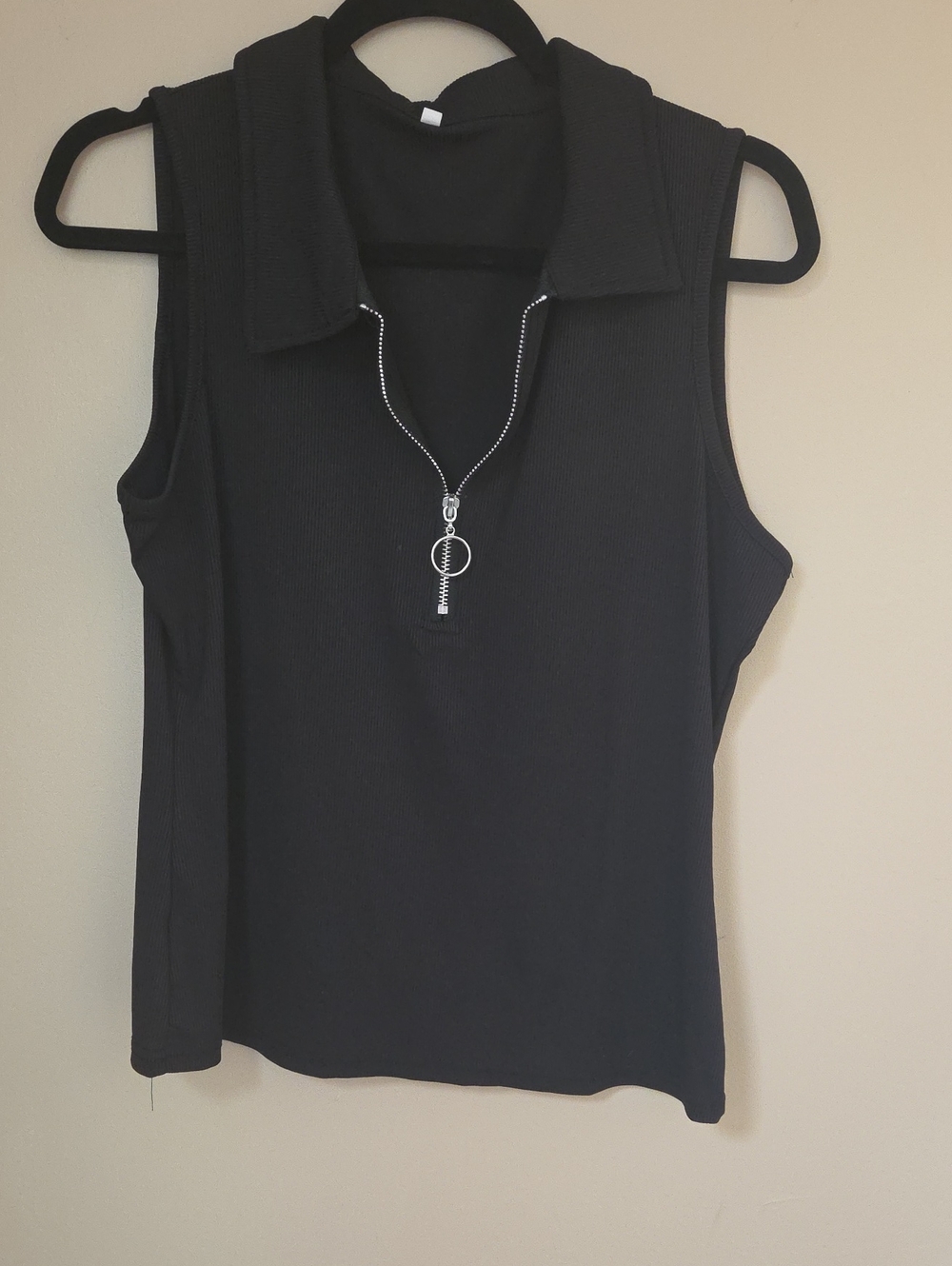 Sleeveless Black Zip-Front Polo Tank Top
